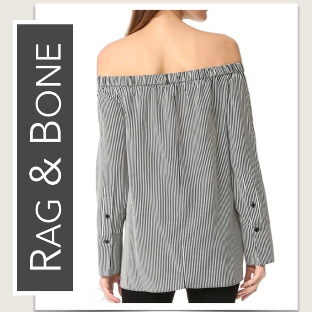 Rag & Bone Silk “Greta” Blouse in Black & White, Thin-Stripes, Off-the-Shoulder - Picture 4 of 10